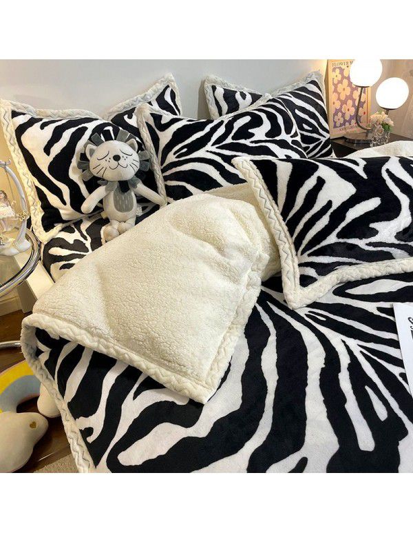 Thickened Milk Cashmere Bed 4-Piece Lamb Cashmere Checker Quilt Cover Winter Coral Cashmere Bedding Piece 3-Piece Men's Sheet Set
