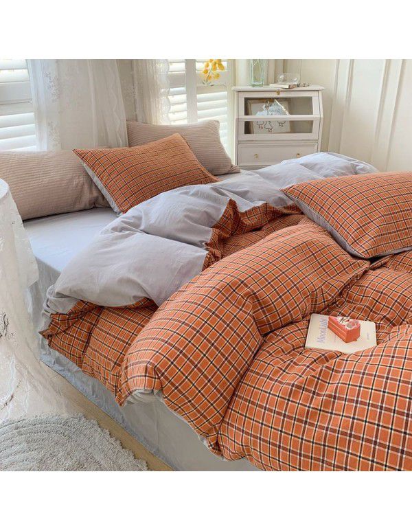 Cotton Yarn dyed Washed Cotton Four Piece Set Pure Cotton Printless Manufacturer Direct Sales Bedding, Quilt Cover, Japanese Style Good Fitted Sheet Wholesale
