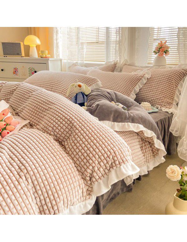 In winter, Korean version thickened princess style milk velvet four piece set, Jane lattice lace warm bed sheet, quilt cover, student three piece set
