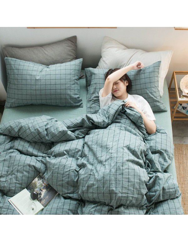 All cotton washed cotton four piece set simple cotton checked quilt cover bedspread sets supplied directly by the manufacturer for wholesale