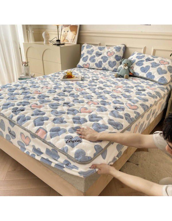 Autumn and winter new class A milk velvet fitted sheet, soybean antibacterial cotton clip thickened bedspread, Farai velvet warm protective cover