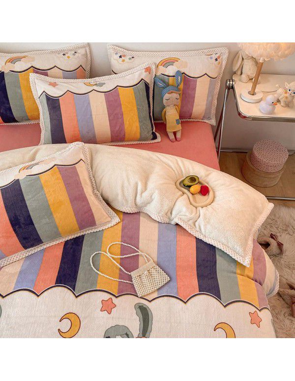 Ins Winter Milk Wool 4-Piece Rabbit Wool Quilt Cover Sheet Pastoral Warm Upset Double Sided Wool Bedding 4