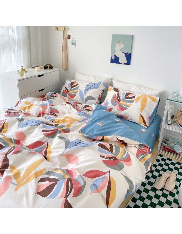 Nantong Xiaoqingxin Floral Four piece Set 100% Cotton Bedding Sheet and Quilt Cover Dormitory Three piece Nude Sleeping Set
