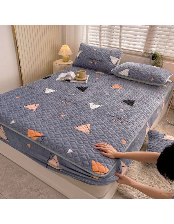 New Milk Down Fitted Sheet One Piece Winter Flange Coral Down Thickened Cotton Fitted Sheet Stuffed Anti slip Protection Mattress