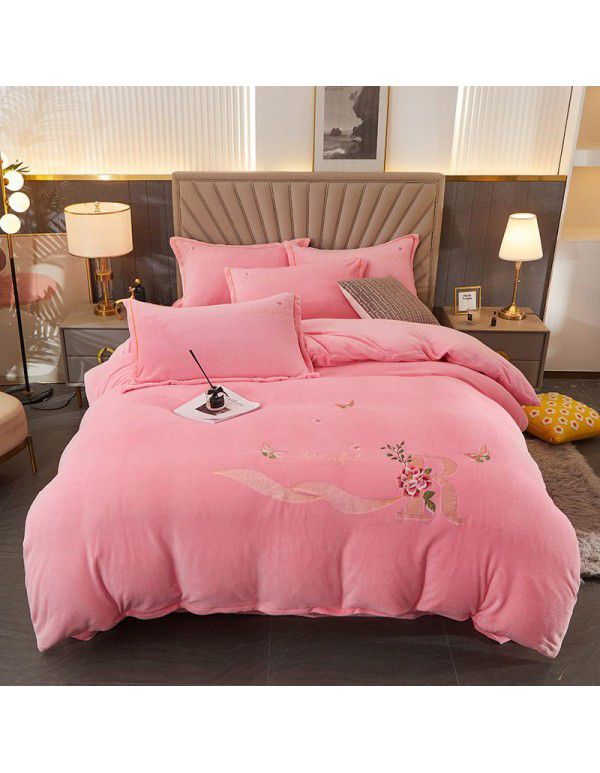 Autumn and winter thickened milk velvet four piece set, flower embroidery flannel quilt cover, bed sheet, bedding set, wholesale