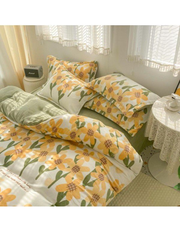 Autumn and winter thickened milk velvet bed four piece set, double-sided plush warm coral velvet bed sheet and quilt cover, three piece set wholesale