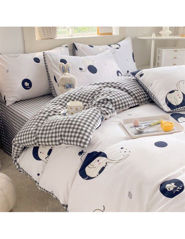 Mengjiuran 60 Thread Count Small Fresh Cotton 4-Piece Set Autumn and Winter Cotton 3-Piece Dormitory Flat Sheet Quilt Cover Fitted Sheet