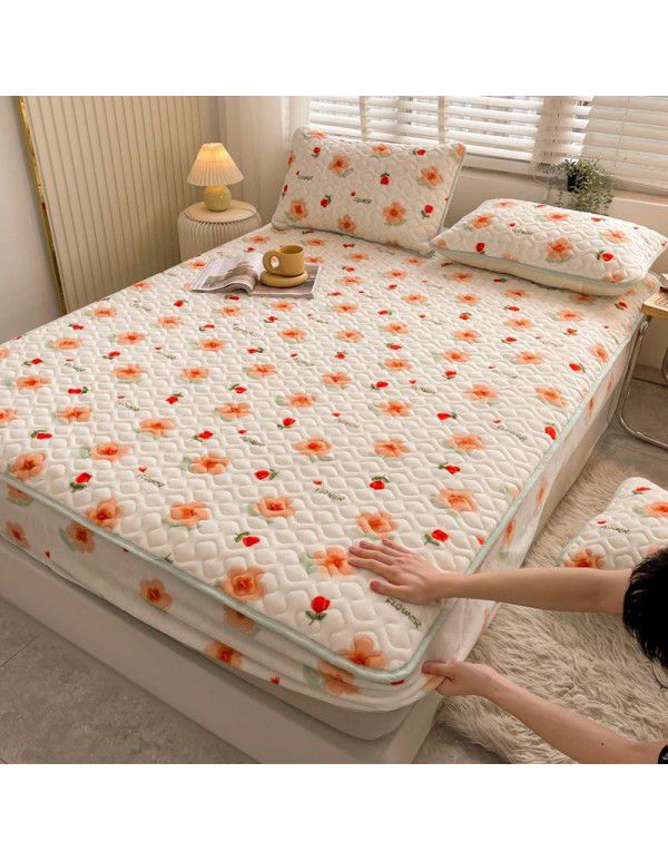 New Milk Down Fitted Sheet One Piece Winter Flange Coral Down Thickened Cotton Fitted Sheet Stuffed Anti slip Protection Mattress