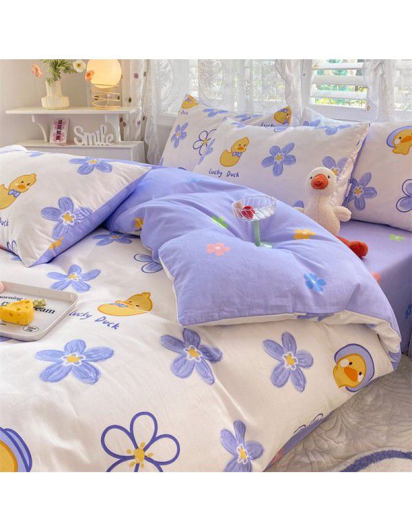 Mengjiuran 60 Thread Count Small Fresh Cotton 4-Piece Set Autumn and Winter Cotton 3-Piece Dormitory Flat Sheet Quilt Cover Fitted Sheet