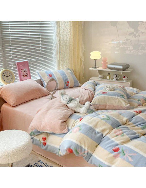 Ins fresh tulip milk velvet four piece set floral coral velvet bed sheet winter thickened quilt cover warm bed