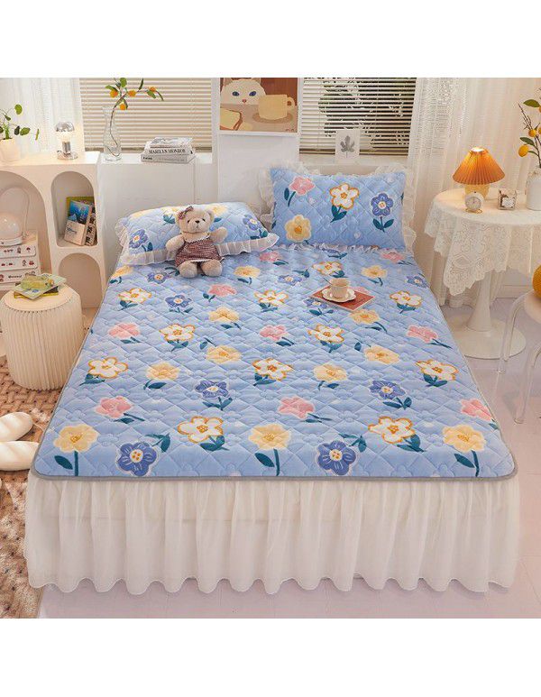 Class A milk flannel lace bed skirt antibacterial cotton quilt bed cover mattress thickened densified soybean anti bacteria bed skirt three piece set