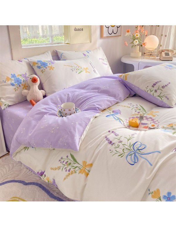 Mengjiuran 60 Thread Count Small Fresh Cotton 4-Piece Set Autumn and Winter Cotton 3-Piece Dormitory Flat Sheet Quilt Cover Fitted Sheet