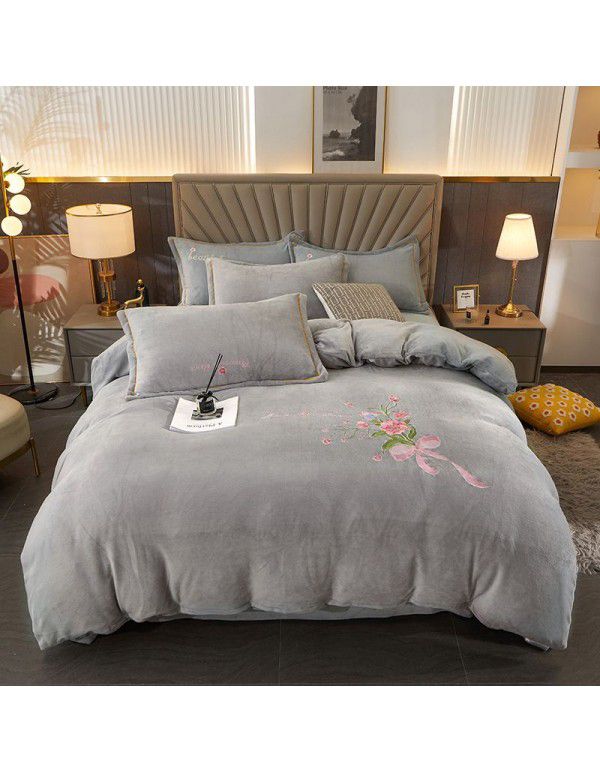 Autumn and winter thickened milk velvet four piece set, flower embroidery flannel quilt cover, bed sheet, bedding set, wholesale