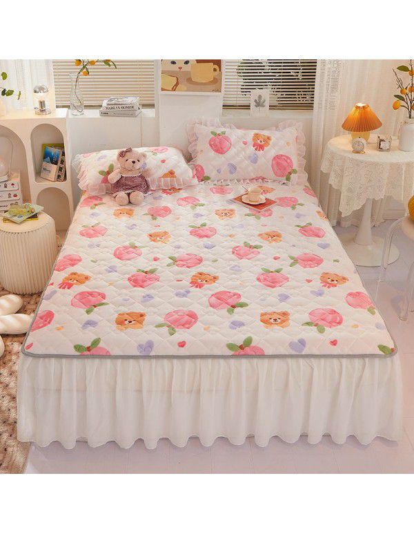 Class A milk flannel lace bed skirt antibacterial cotton quilt bed cover mattress thickened densified soybean anti bacteria bed skirt three piece set