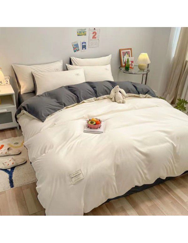 Japanese simple washable cotton, solid color, four piece bed sheet, quilt cover, bedding, student dormitory, single person, three piece set