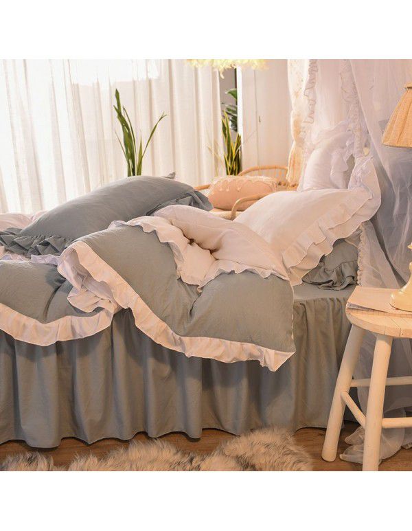 Ins girl's heart wash cotton bed skirt four piece princess style bed sheet quilt cover three piece 1.5/1.8m bed 