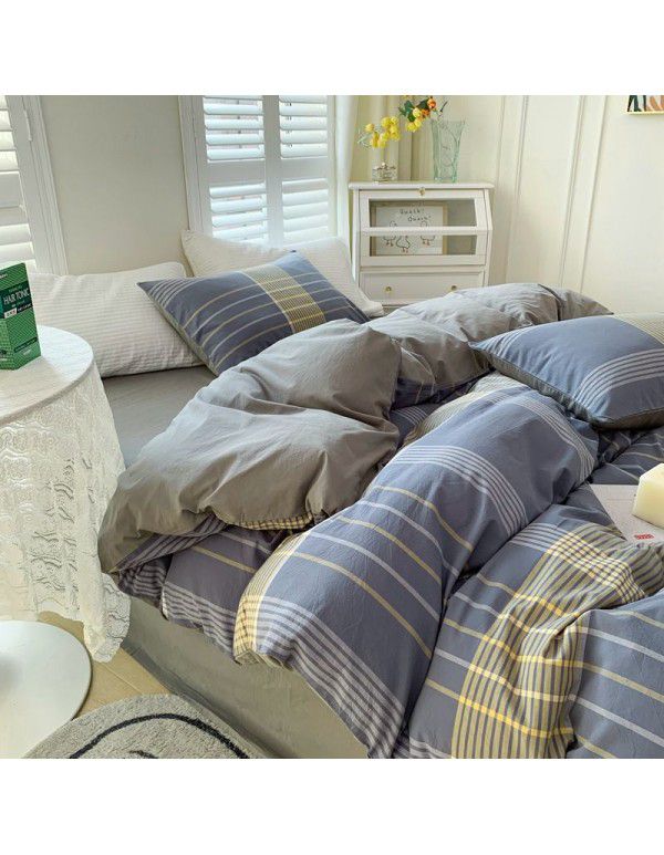 Cotton Yarn dyed Washed Cotton Four Piece Set Pure Cotton Printless Manufacturer Direct Sales Bedding, Quilt Cover, Japanese Style Good Fitted Sheet Wholesale