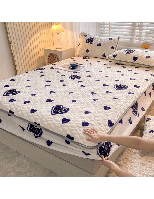 New Milk Down Fitted Sheet One Piece Winter Flange Coral Down Thickened Cotton Fitted Sheet Stuffed Anti slip Protection Mattress