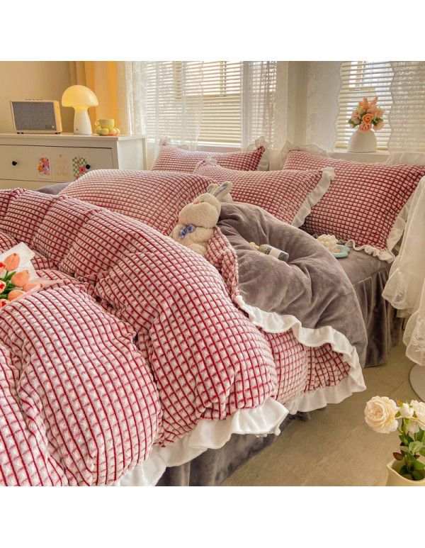 In winter, Korean version thickened princess style milk velvet four piece set, Jane lattice lace warm bed sheet, quilt cover, student three piece set