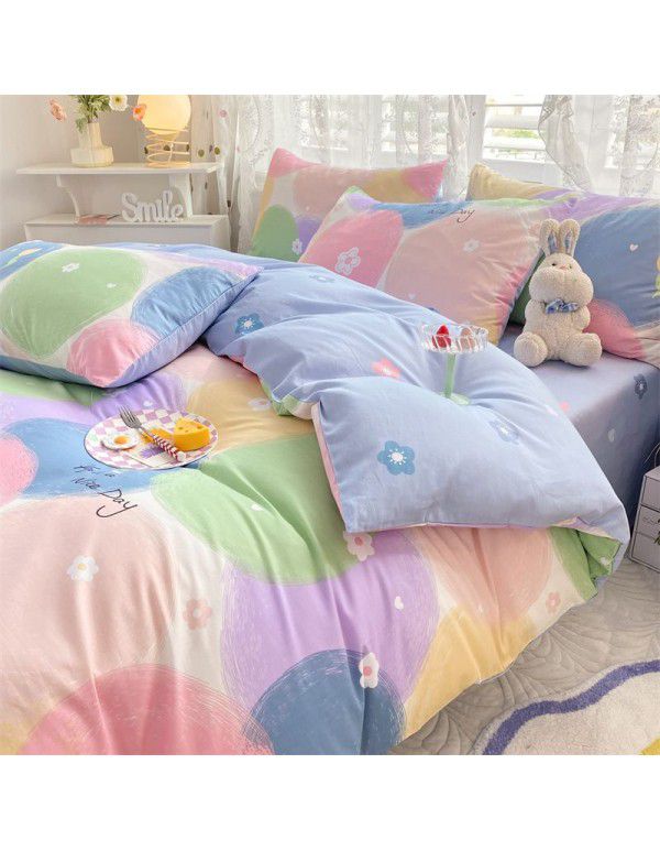 Mengjiuran 60 Thread Count Small Fresh Cotton 4-Piece Set Autumn and Winter Cotton 3-Piece Dormitory Flat Sheet Quilt Cover Fitted Sheet