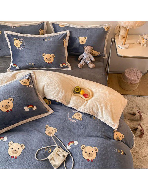 Ins Winter Milk Wool 4-Piece Rabbit Wool Quilt Cover Sheet Pastoral Warm Upset Double Sided Wool Bedding 4