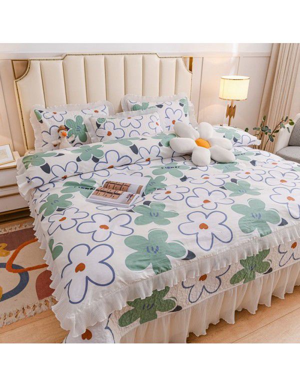 Ins Small fresh pure cotton bed sheet quilt cover fall and winter cotton bed cover three piece quilt fitted sheet four piece quilt cover
