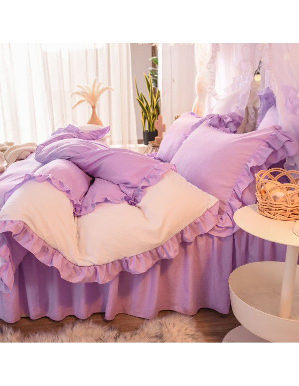 Ins girl's heart wash cotton bed skirt four piece princess style bed sheet quilt cover three piece 1.5/1.8m bed 