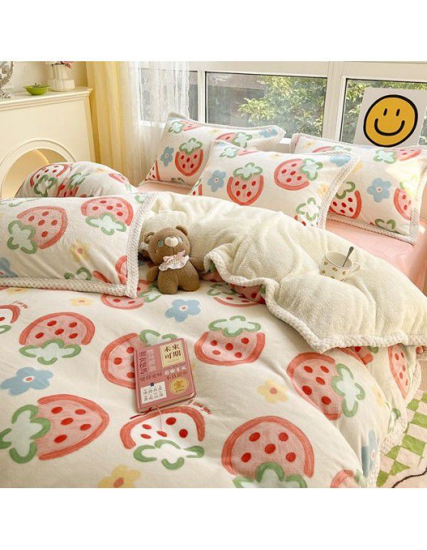 Ins Winter Milk Wool 4-Piece Rabbit Wool Quilt Cover Sheet Pastoral Warm Upset Double Sided Wool Bedding 4