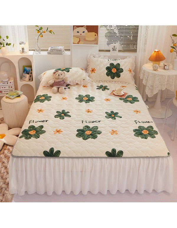 Class A milk flannel lace bed skirt antibacterial cotton quilt bed cover mattress thickened densified soybean anti bacteria bed skirt three piece set