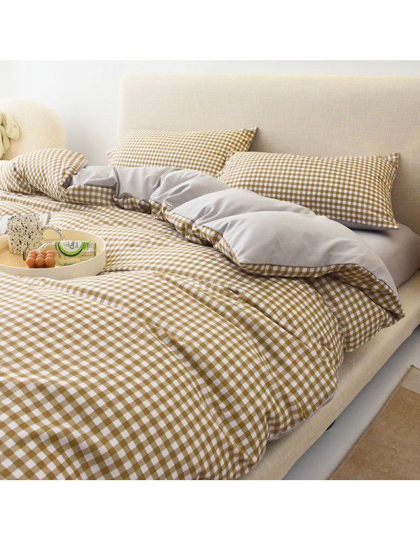 Japanese non printing feng shui cotton four piece set, active printing and dyeing thickened brushed bed sheet, student dormitory three piece set