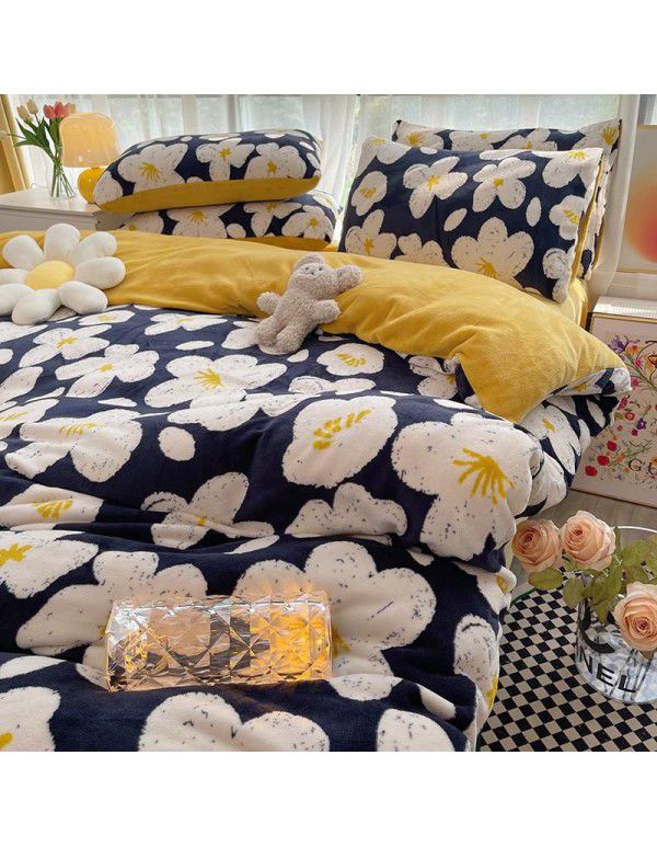 Autumn and winter cartoon small fresh milk velvet four piece set plush double faced plush thickened bed sheet quilt cover bed three piece set