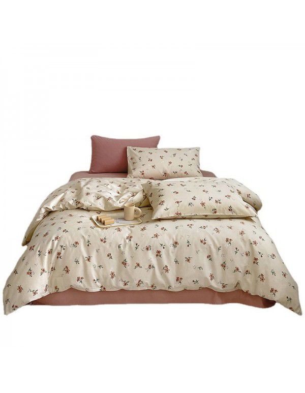 Nantong Xiaoqingxin Floral Four piece Set 100% Cotton Bedding Sheet and Quilt Cover Dormitory Three piece Nude Sleeping Set