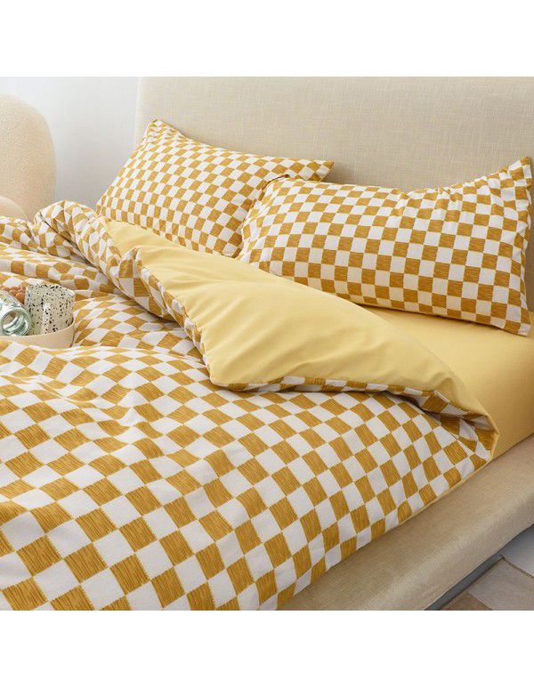 Japanese non printing feng shui cotton four piece set, active printing and dyeing thickened brushed bed sheet, student dormitory three piece set
