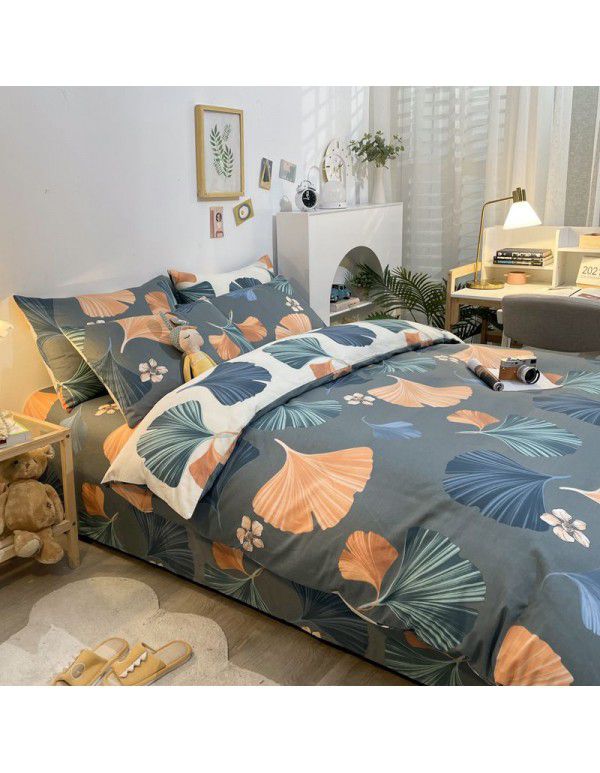 Four piece set in bed, all cotton Nordic style four piece set, 100 cotton spring and autumn bed sheet, fitted sheet, single dormitory set