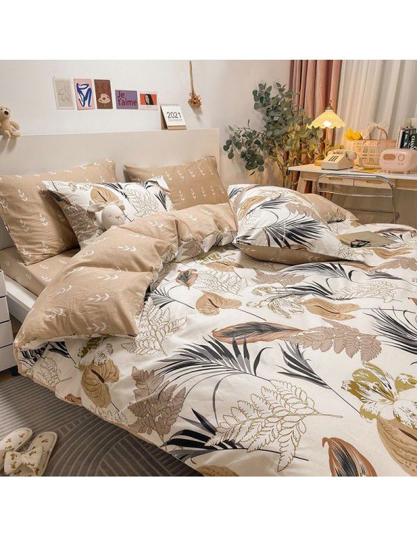 Four piece set in bed, all cotton Nordic style four piece set, 100 cotton spring and autumn bed sheet, fitted sheet, single dormitory set