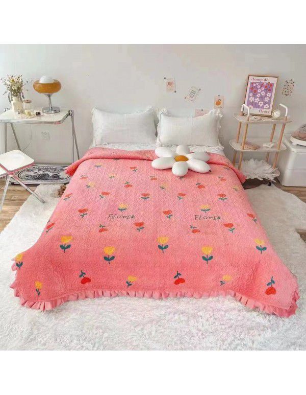 Autumn and winter thickened milk velvet bed cover three piece quilted cotton crystal velvet blanket lace warm blanket sub sheet