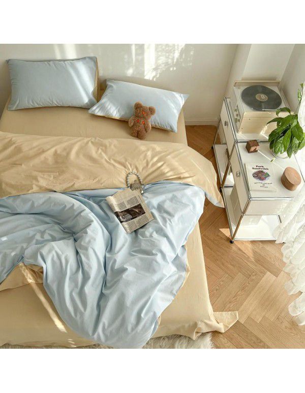 Japanese simple cotton double piece washable cotton four piece set solid color Nordic style cotton quilt cover bed sheet and fitted sheet