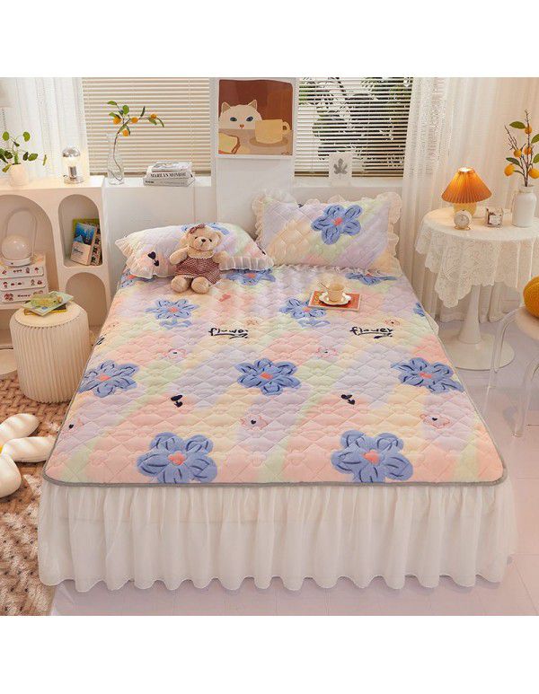 Class A milk flannel lace bed skirt antibacterial cotton quilt bed cover mattress thickened densified soybean anti bacteria bed skirt three piece set