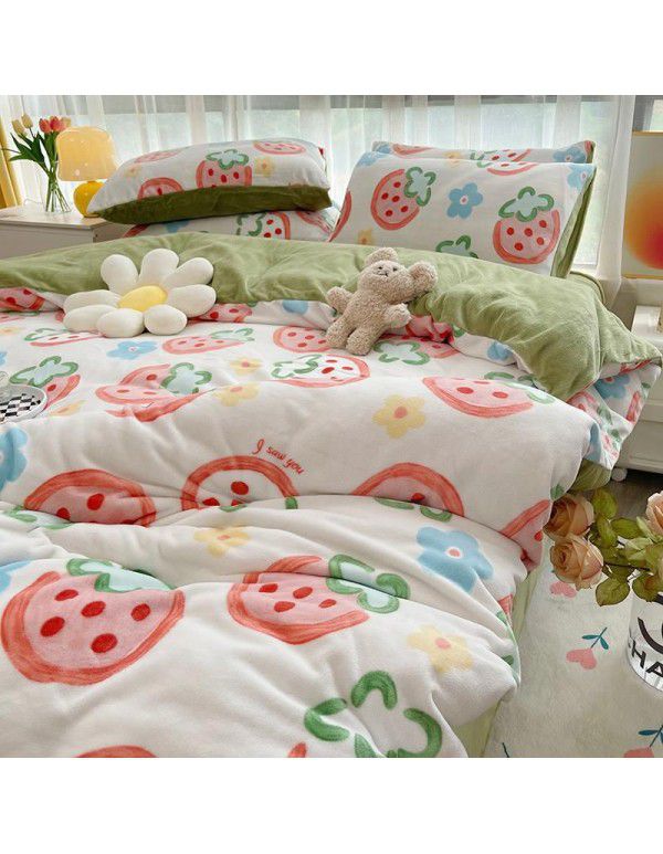 Autumn and winter cartoon small fresh milk velvet four piece set plush double faced plush thickened bed sheet quilt cover bed three piece set