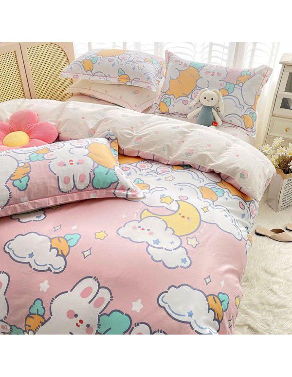 Live broadcast 40s printing jet cotton four piece set ins small fresh pure cotton twill single double bed sheet quilt cover wholesale