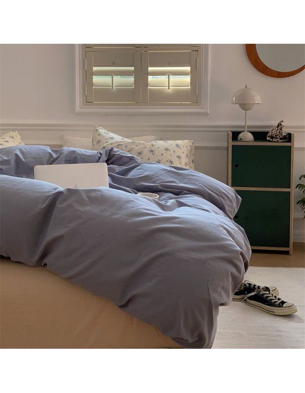 New Washed Cotton Solid Color Four Piece Set ins Style Cotton Student Dormitory Flat Sheet Fitted Sheet Home Stay Simple Home Textile