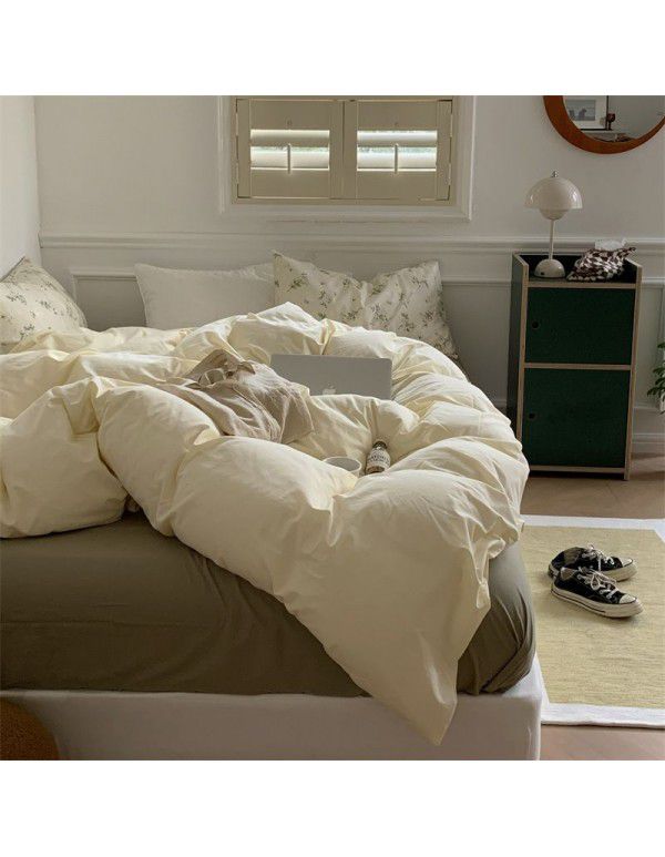 New Washed Cotton Solid Color Four Piece Set ins Style Cotton Student Dormitory Flat Sheet Fitted Sheet Home Stay Simple Home Textile