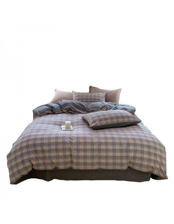 Cotton Yarn dyed Washed Cotton Four Piece Set Pure Cotton Printless Manufacturer Direct Sales Bedding, Quilt Cover, Japanese Style Good Fitted Sheet Wholesale