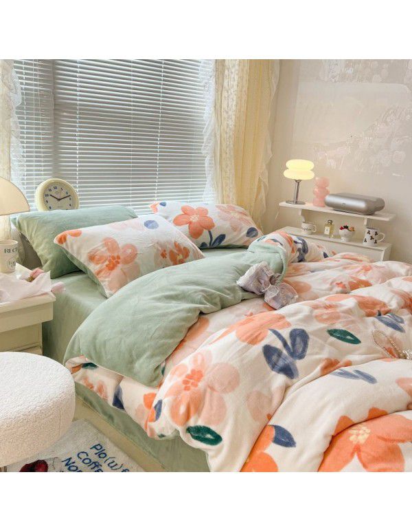 Ins fresh tulip milk velvet four piece set floral coral velvet bed sheet winter thickened quilt cover warm bed