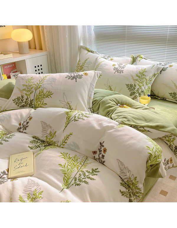 Autumn and winter thickened milk velvet bed four piece set, double-sided plush warm coral velvet bed sheet and quilt cover, three piece set wholesale