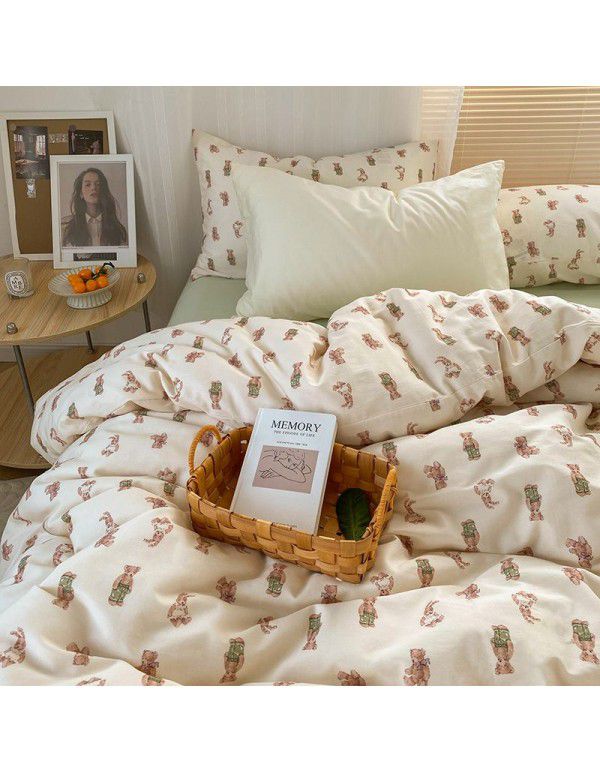 Ins style pure cotton four piece set, all cotton cartoon small fresh bed sheet, fitted sheet, quilt cover, nude sleep, color contrast
