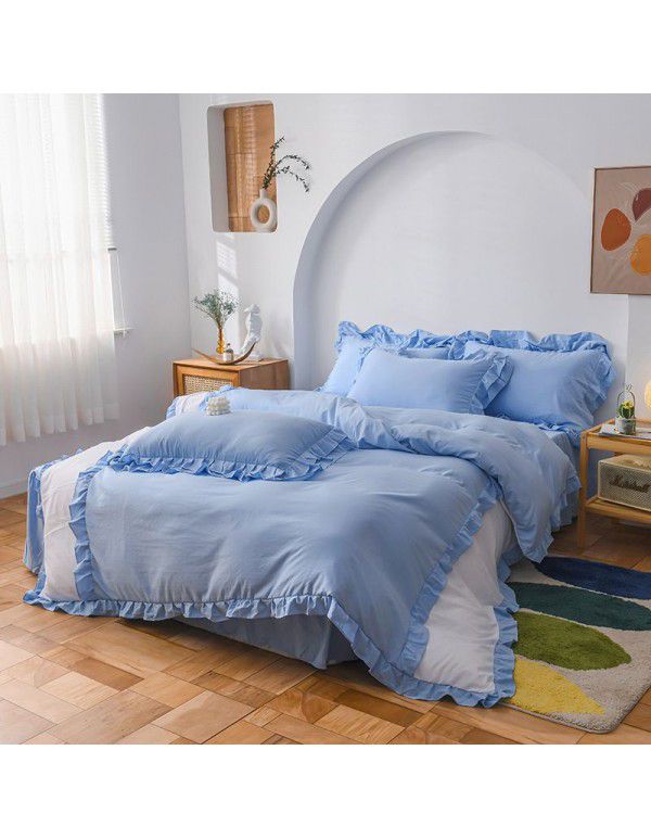Ins girl's heart wash cotton bed skirt four piece princess style bed sheet quilt cover three piece 1.5/1.8m bed 