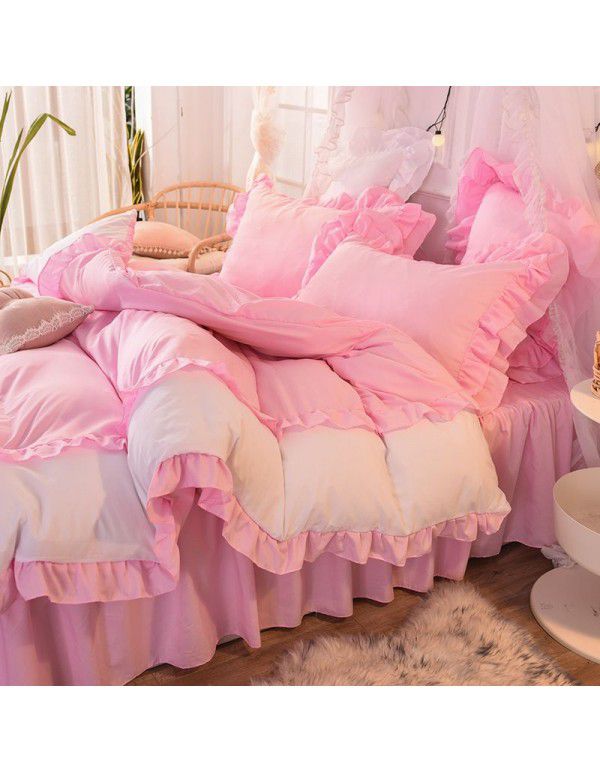 Ins girl's heart wash cotton bed skirt four piece princess style bed sheet quilt cover three piece 1.5/1.8m bed 
