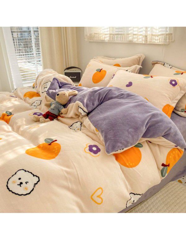 Autumn and winter thickened milk velvet bed four piece set, double-sided plush warm coral velvet bed sheet and quilt cover, three piece set wholesale
