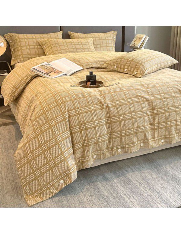 Good thick brushed 4-piece set of all cotton pure cotton simple stripes in autumn and winter